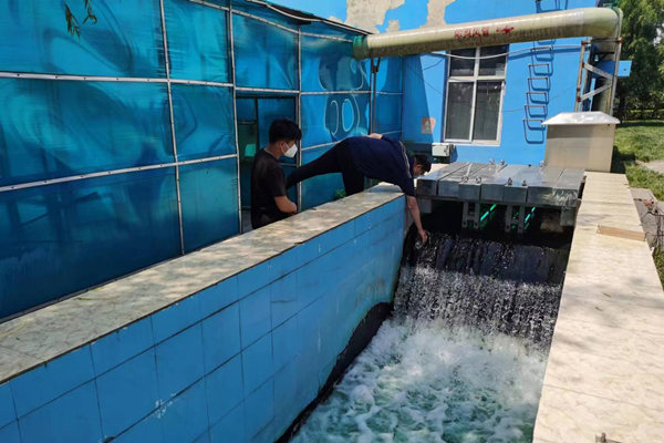 邯鄲市雞澤縣藍(lán)天污水處理廠員工正在出水口進(jìn)行水質(zhì)檢測(cè)。鄭佳欣攝