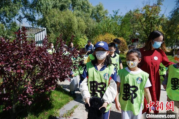 圖為小朋友在青海西寧湟水國家濕地公園內(nèi)認(rèn)識植物?！●R銘言 攝