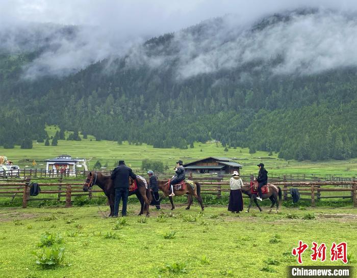 6月10日，游客在魯朗小鎮(zhèn)高山牧場(chǎng)景區(qū)體驗(yàn)騎馬。　冉文娟 攝