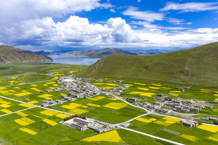 航拍道布龍村，依山傍水，阡陌縱橫。